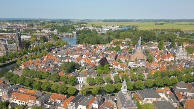 Aerial drone view of the typical dutch town named Weesp in the Netherlands.