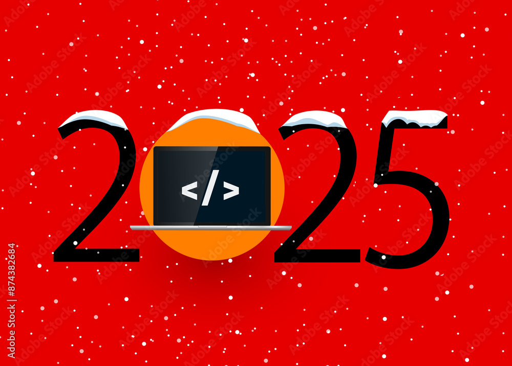 Wall mural happy new year 2025 year 2025 with laptop and programming code on screen