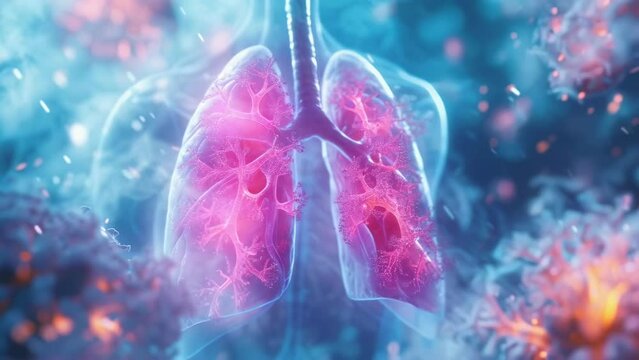 Detailed 3D illustration of human lungs afflicted by a viral infection. Seen are inflamed airways and medical anomalies. The image is vibrantly colored, capturing severity and complexity.