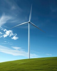 Obraz premium A single wind turbine stands tall against a clear blue sky, generating clean energy.