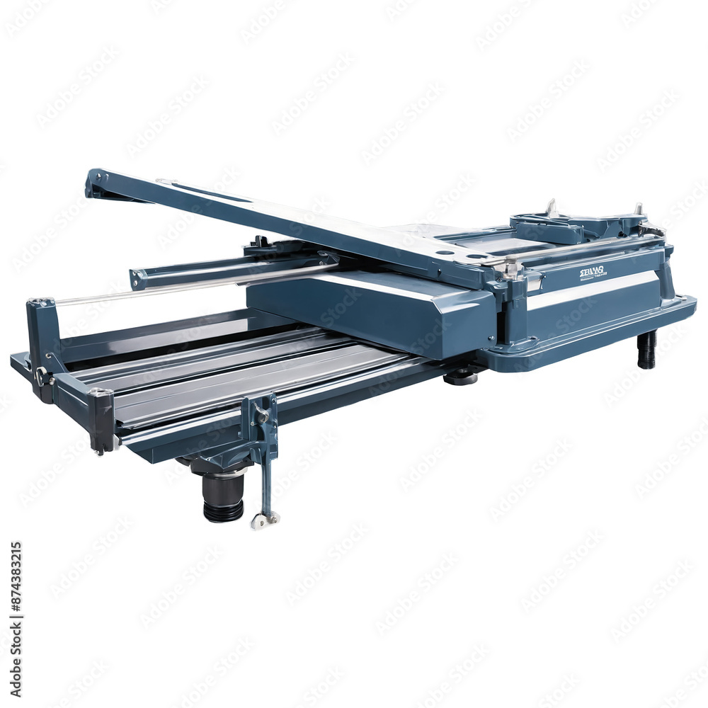 Aufkleber A robust piece of machinery made of metal and plastic elements. The platform has a ridged surface and can be adjusted to different angles and there is a vertical arm with a.