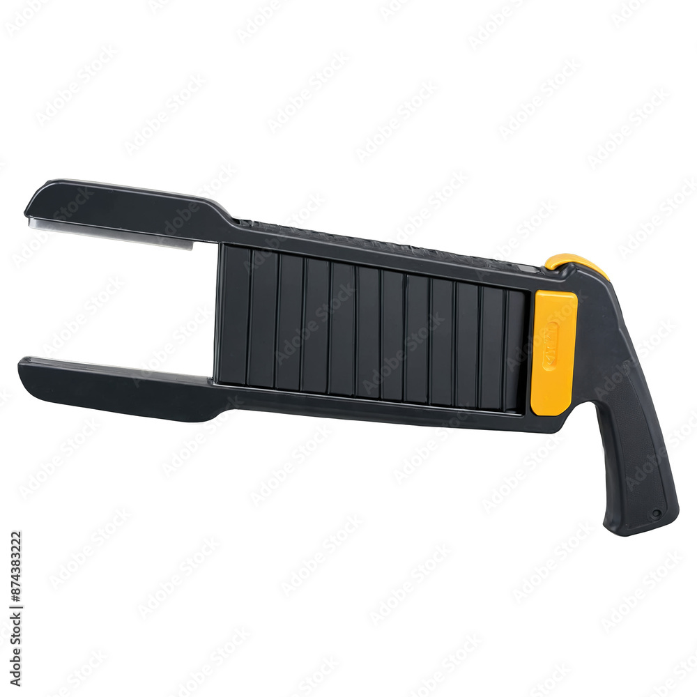 Fototapete A rectangular handheld object made of metal and plastic. On one side there is a textured handle for grip while on the other side there is a circular metal piece with ridges..