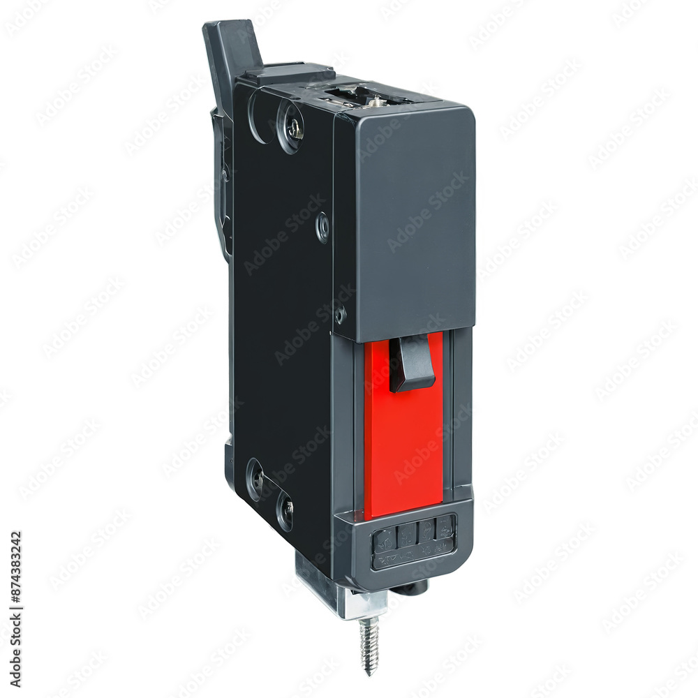Fototapete A rectangular black machine with a jagged edge and a long handle on one side. There are visible screws and bolts on the surface and a red switch on the front..