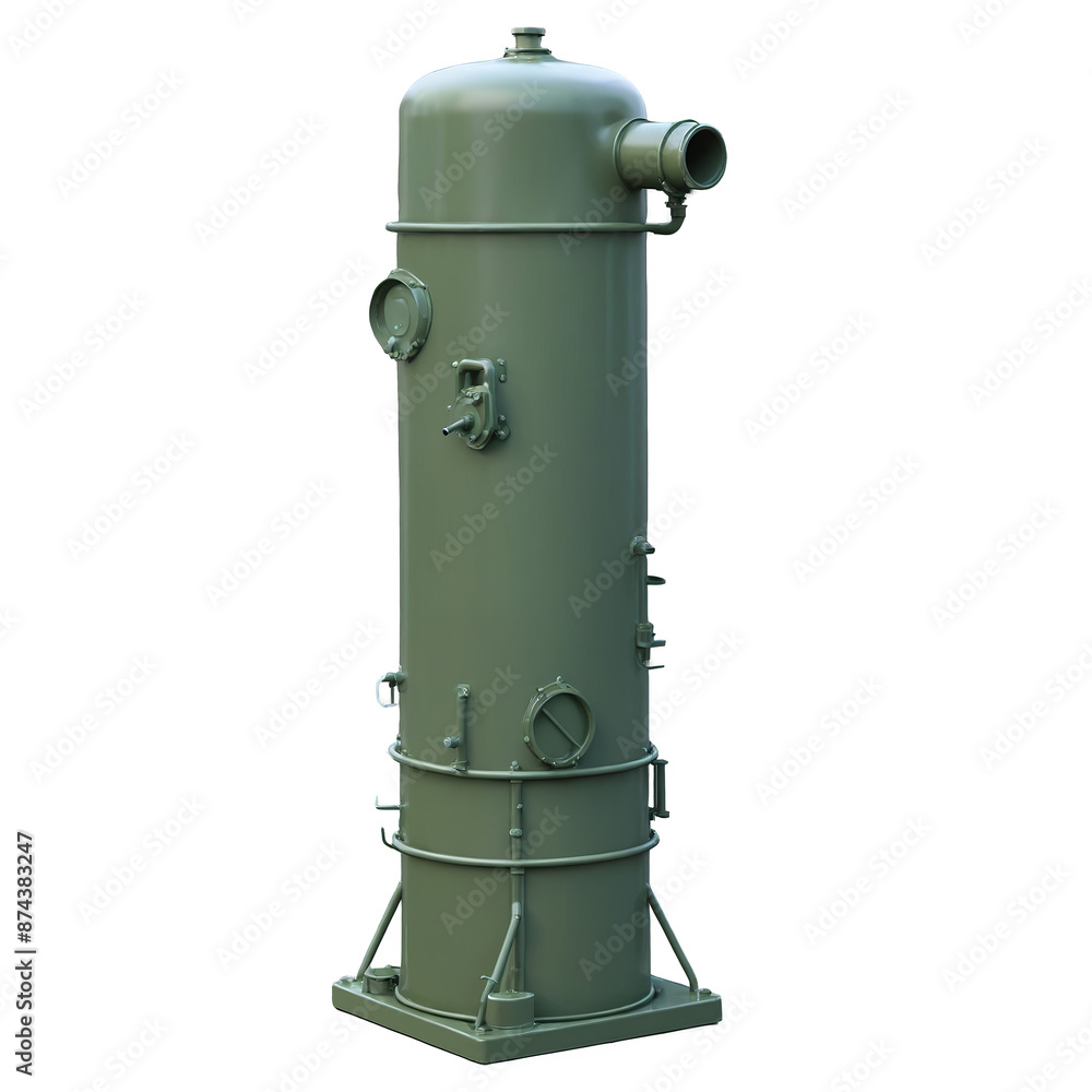 Poster A utilitarian object with a wide base and a tall slender tank mounted on top. The color is a dull green with a few levers and buttons on the front. There is a small pipe at the.