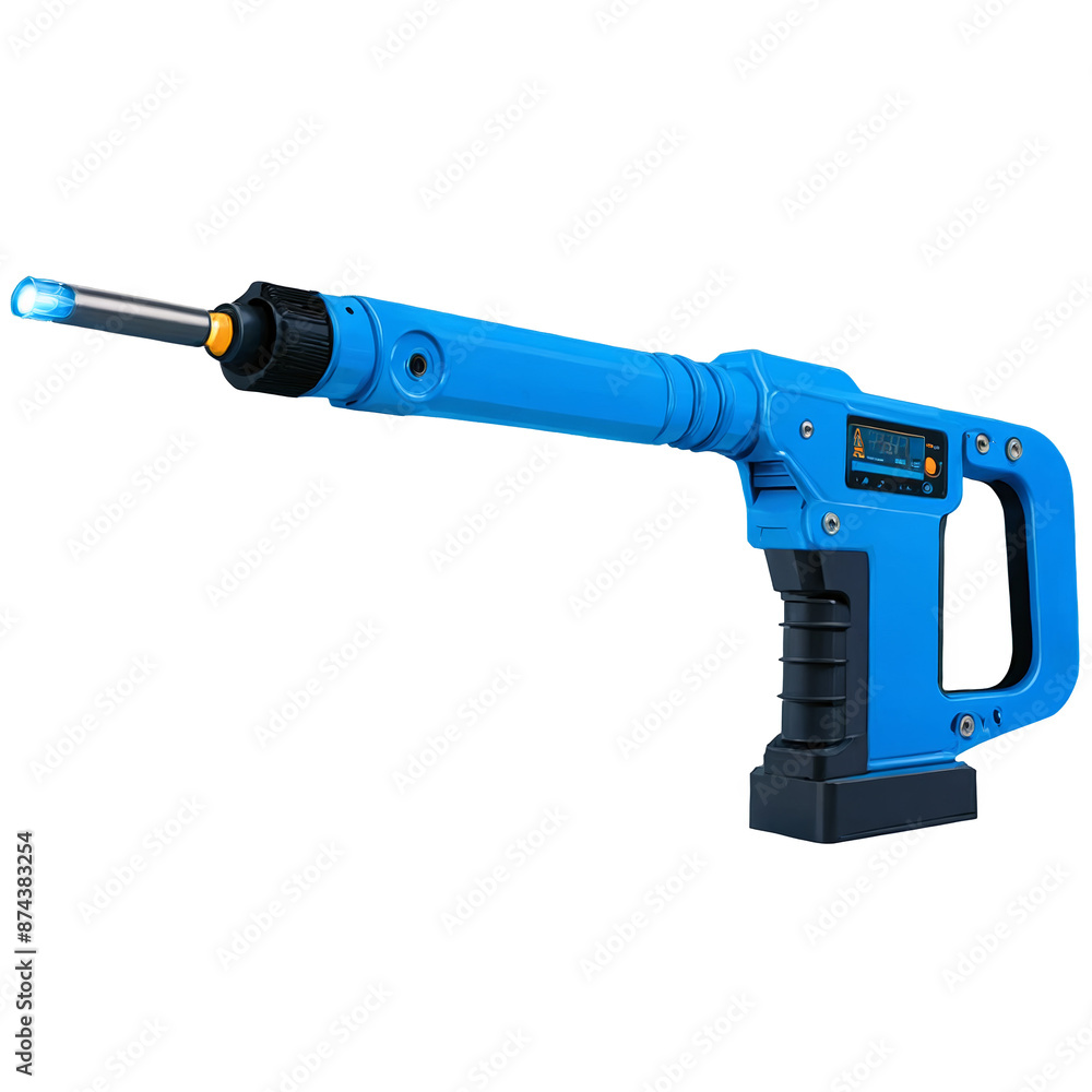 Aufkleber An industrial tool with blue and black casing featuring s and dials on the top and a long arm with a torch at the end..