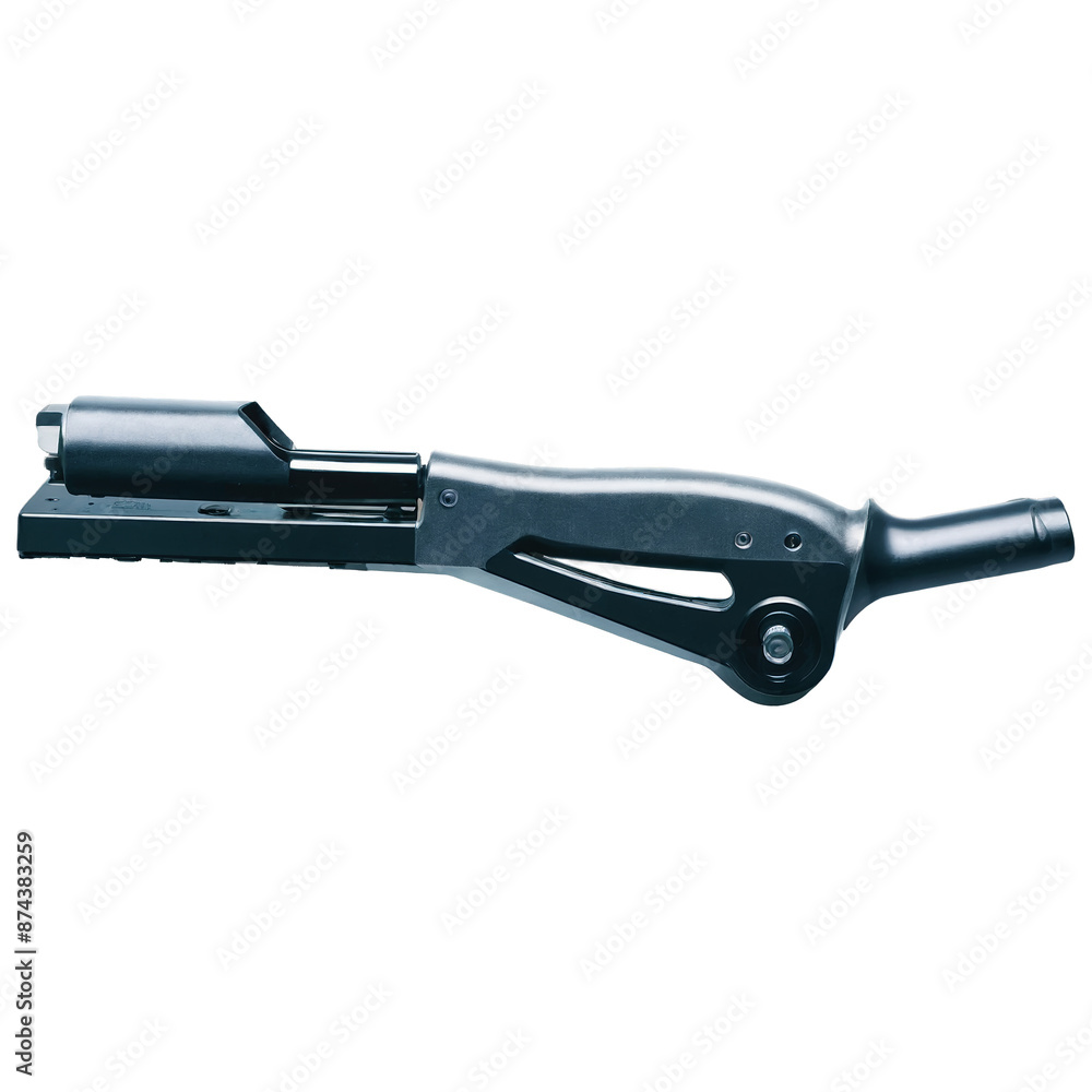 Poster A complex tool with a sleek design featuring a long thin nozzle rounded at the end. It sits atop a thick rectangular base with several levers and controls..