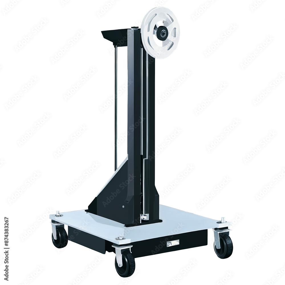 Poster The machine has a rectangular base with wheels for easy movement and a tall tapered tower on top..