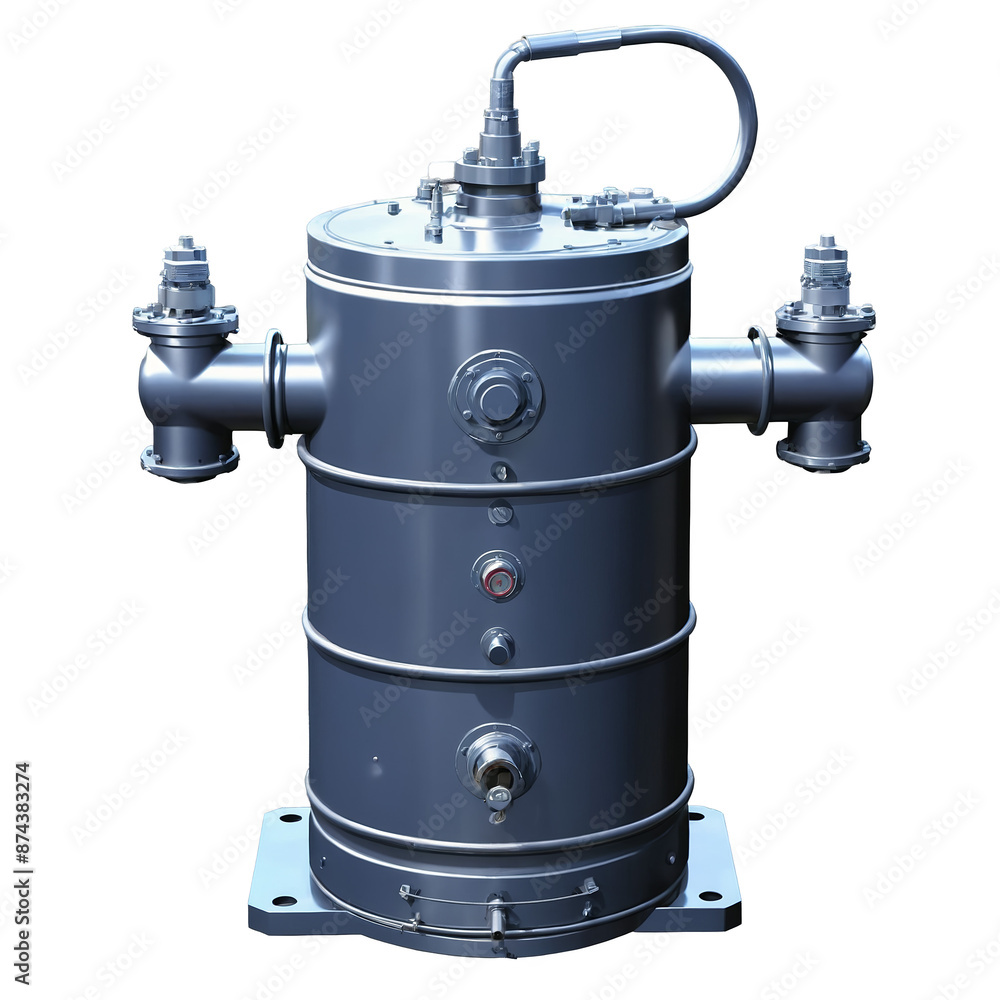 Poster An industriallooking device made of steel featuring a large cylindrical tank with a loud motor attached. There are multiple valves and gauges on the structure along with a long.