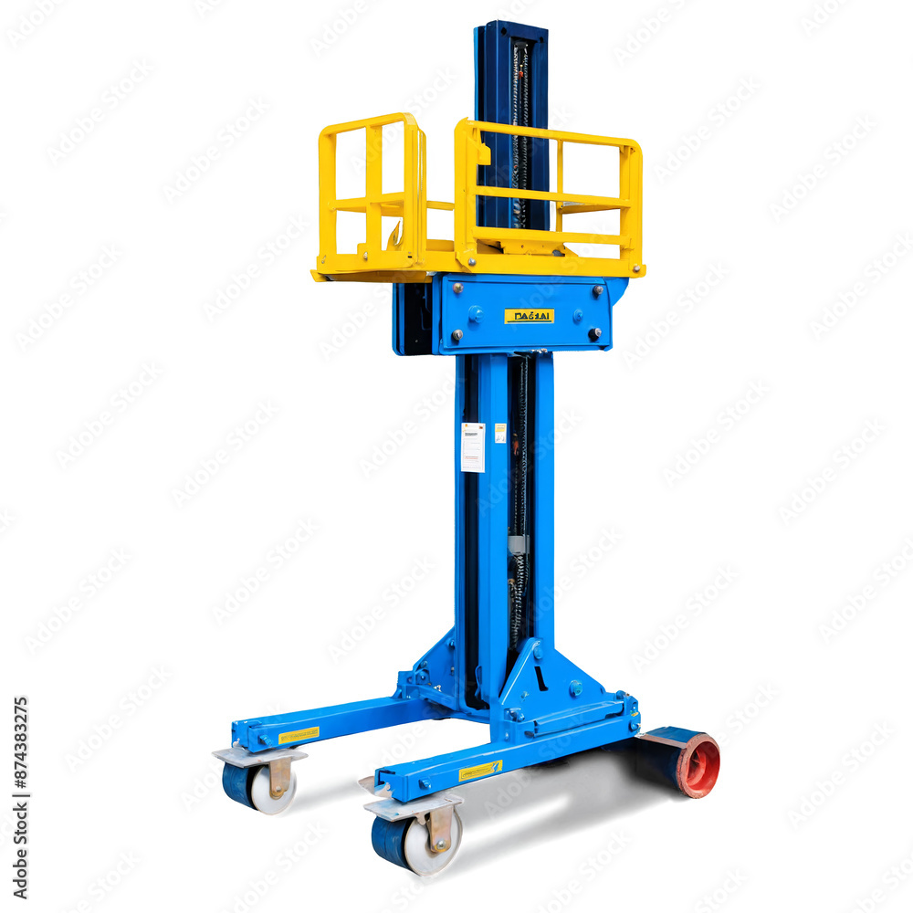 Poster A large mechanical lifting device featuring a cablike front section and a long symmetrical frame for supporting pallets and other loads..