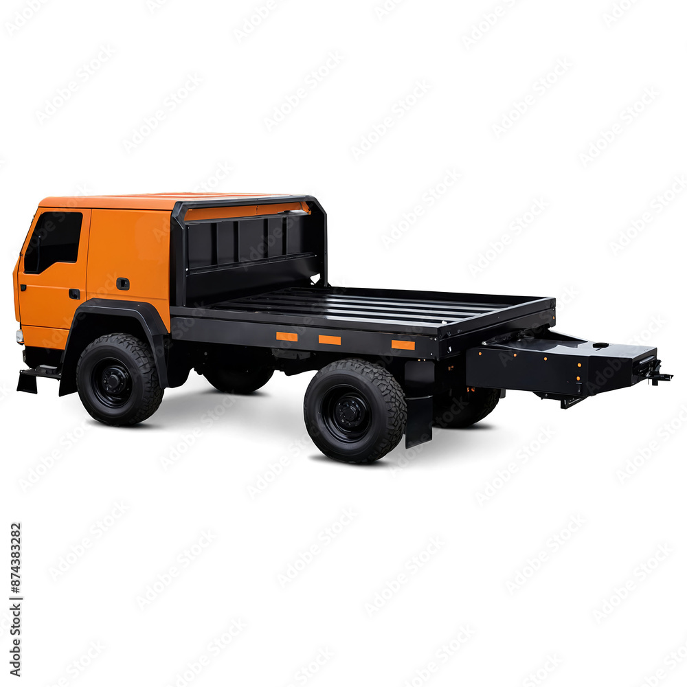 Poster A rugged utilitarian machine in shades of orange and black. It has a boxy angular body with a prominent grill at the front and a wide flat bed at the back for carrying materials..