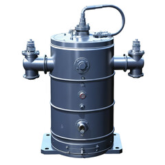 An industriallooking device made of steel featuring a large cylindrical tank with a loud motor attached. There are multiple valves and gauges on the structure along with a long.