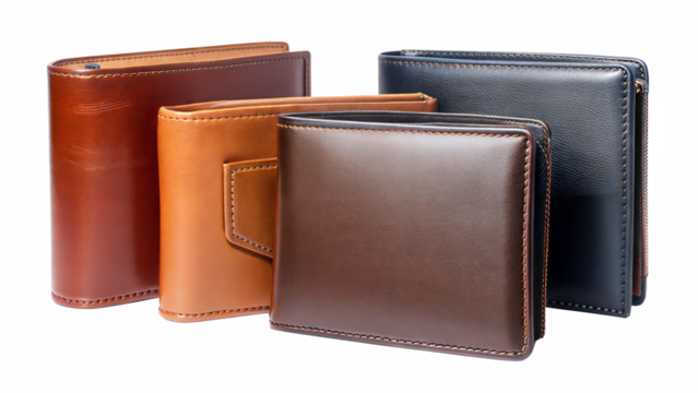 Four different colored leather wallets are shown side by side