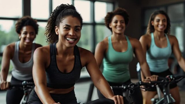 Group of Smiling Women Exercising on Stationary Bikes at the Gym