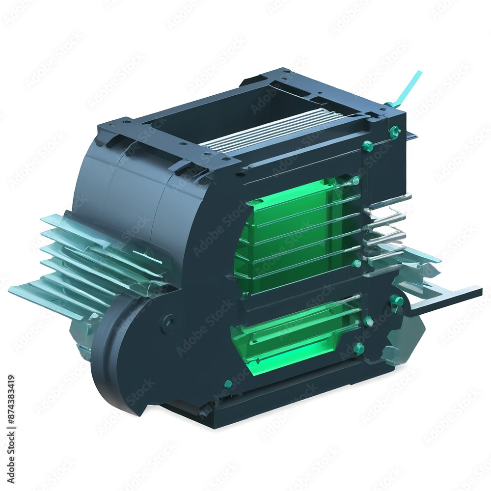 Poster A multilayered contion built from durable materials featuring a compact shape and precise arrangements of channels and fins used for the process of transferring thermal energy.