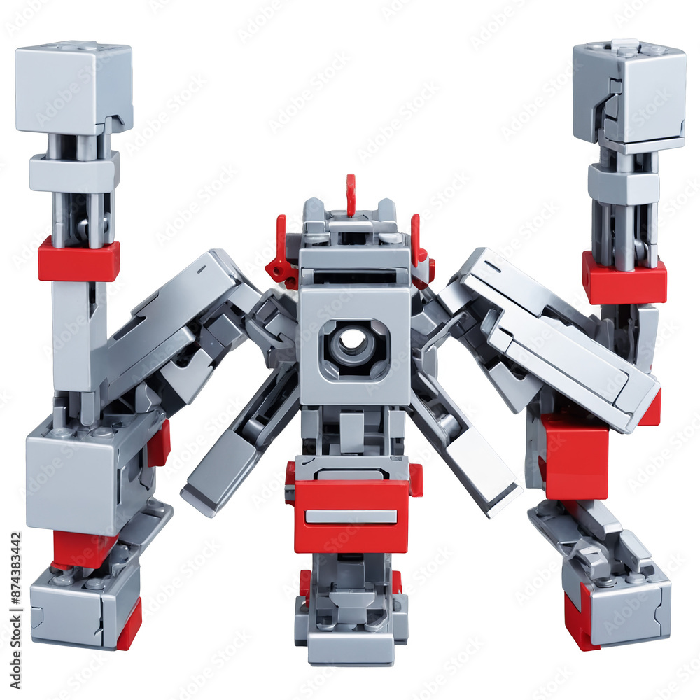 Poster A machine made up of interlocking blocks and hinges with the ability to transform into different shapes. It has silver and red color accents..