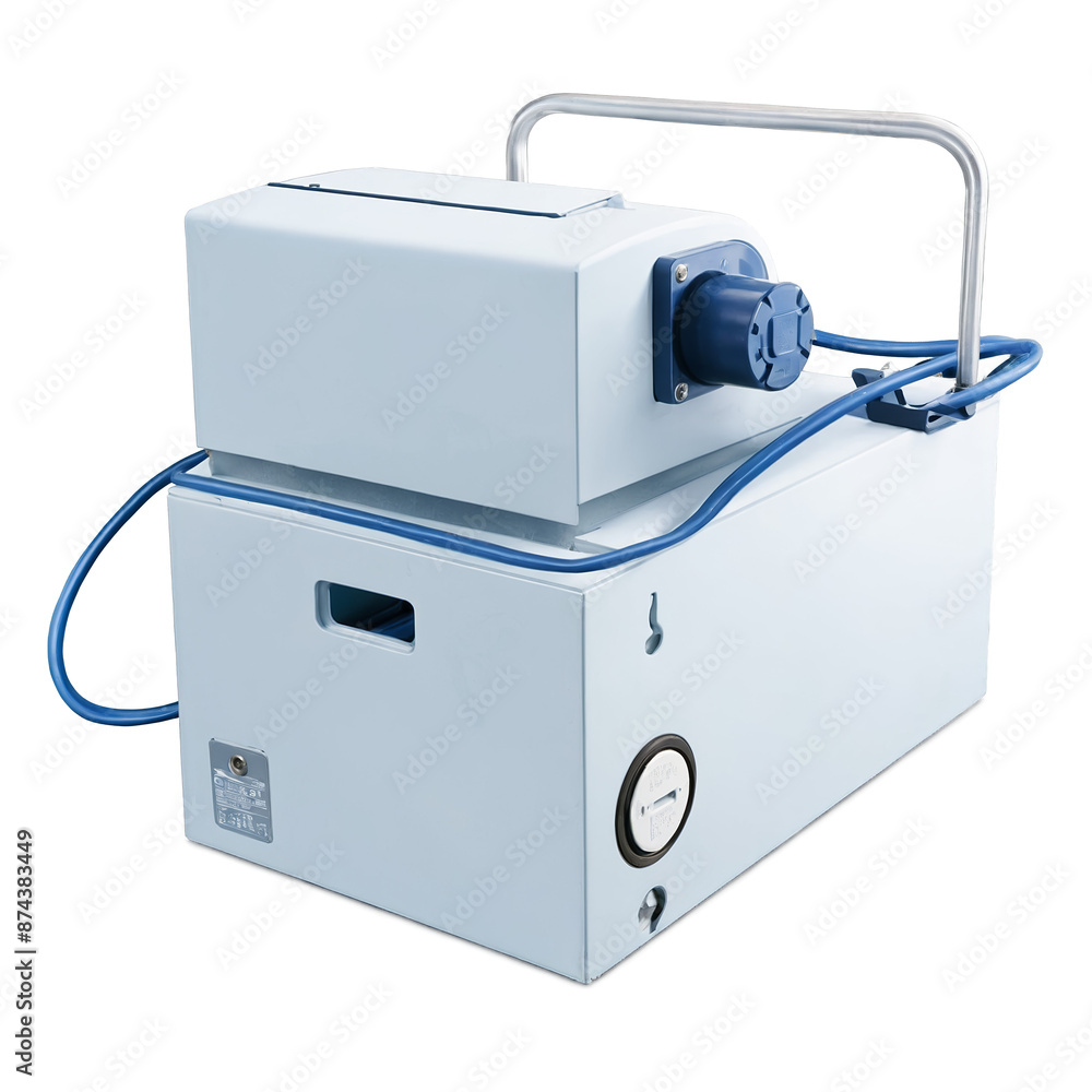 Aufkleber An industriallooking box with a round handle on the front and a long cord protruding from the side used for creating electricity through mechanical means..