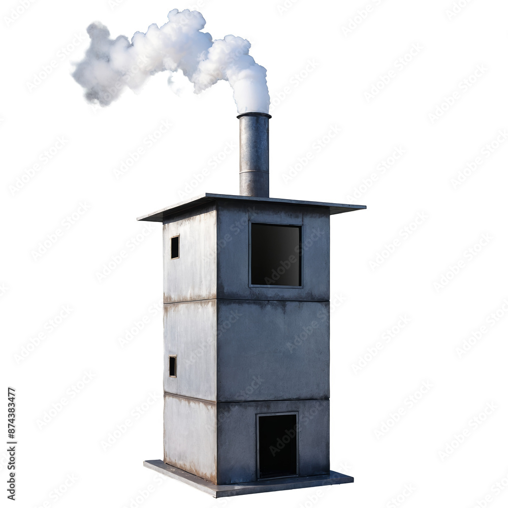 Poster a large cubeshaped structure with a chimney on top. the exterior is made of weathered metal and is e
