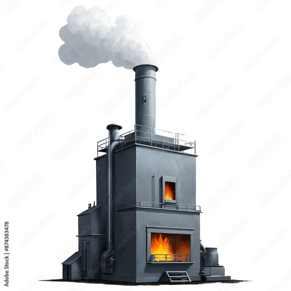 Aufkleber A towering rectangular furnace made of heavyduty metal. Smoke is billowing out of the chimney on top while flames can be seen through the small windows on the sides..