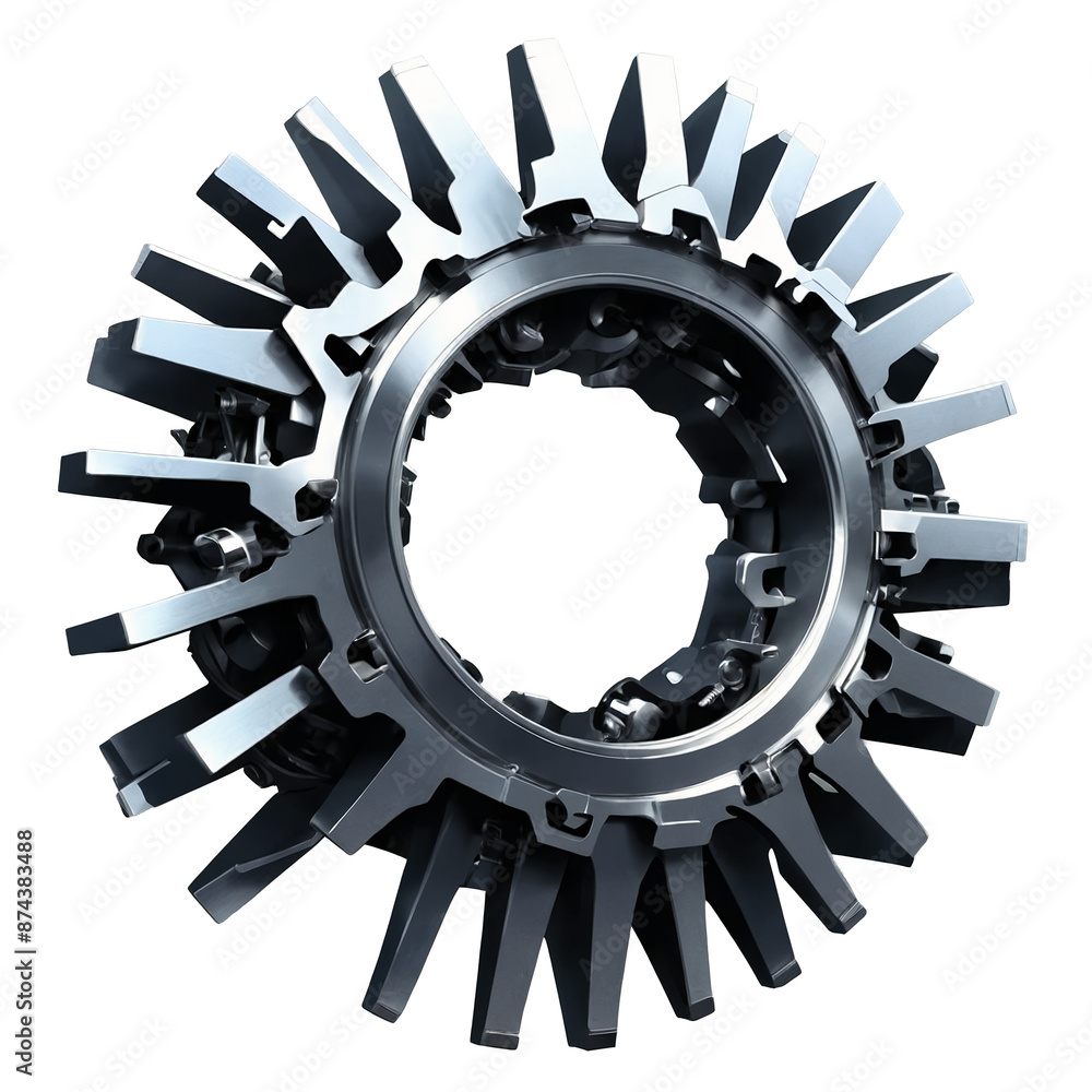 Poster A complex contion made up of various metal components resembling a mechanical being with a strong imposing presence. It has a metallic reflective surface..