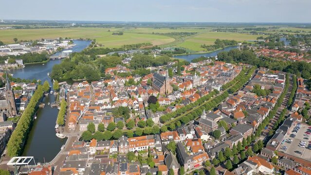 Aerial drone view of the typical dutch town named Weesp in the Netherlands.