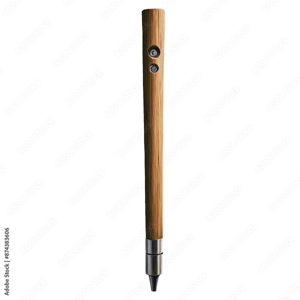 Poster the end of a wooden stick attached to a metal body with deep grooves perfect for fitting into small 