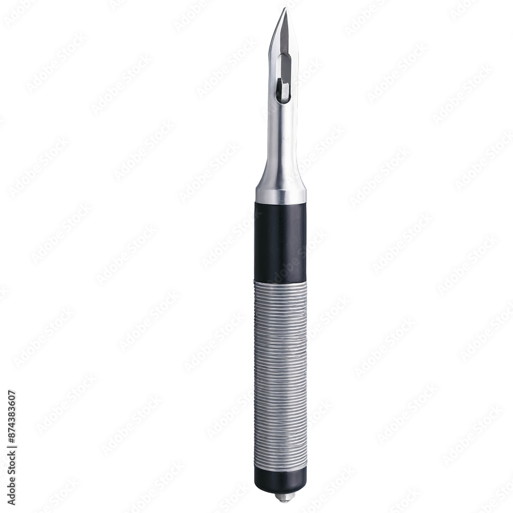 Aufkleber A tool with a rectangular body made of metal featuring a ridged magnetic tip for holding onto small metal objects..