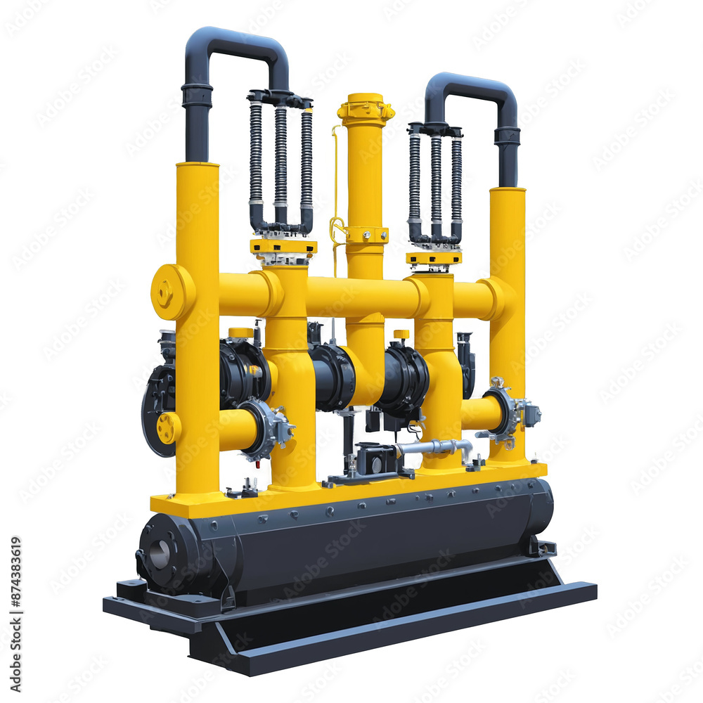 Poster A large machine with pipes and valves designed to convert mechanical energy to hydraulic energy..