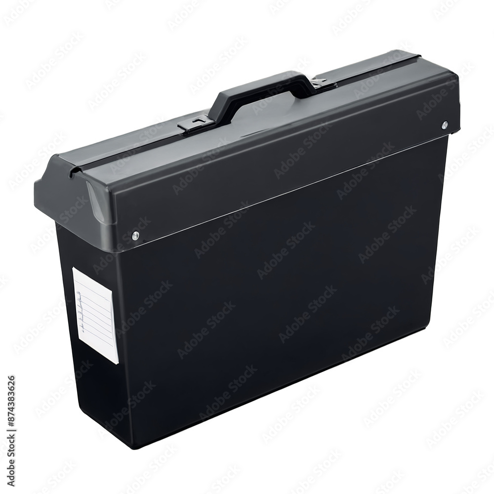Poster A small plastic case with a hinged lid containing a set of papers organized in labeled folders..