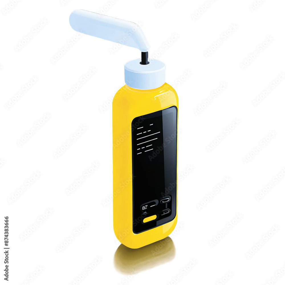 Aufkleber A small handheld device with a flat base and a curved top containing a vial filled with yellow liquid and a black indicator line..