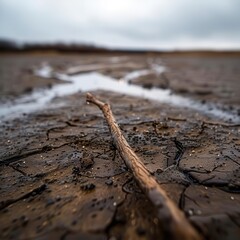Closeup of a small stick lying on cracked dry earth with a small puddle of water.