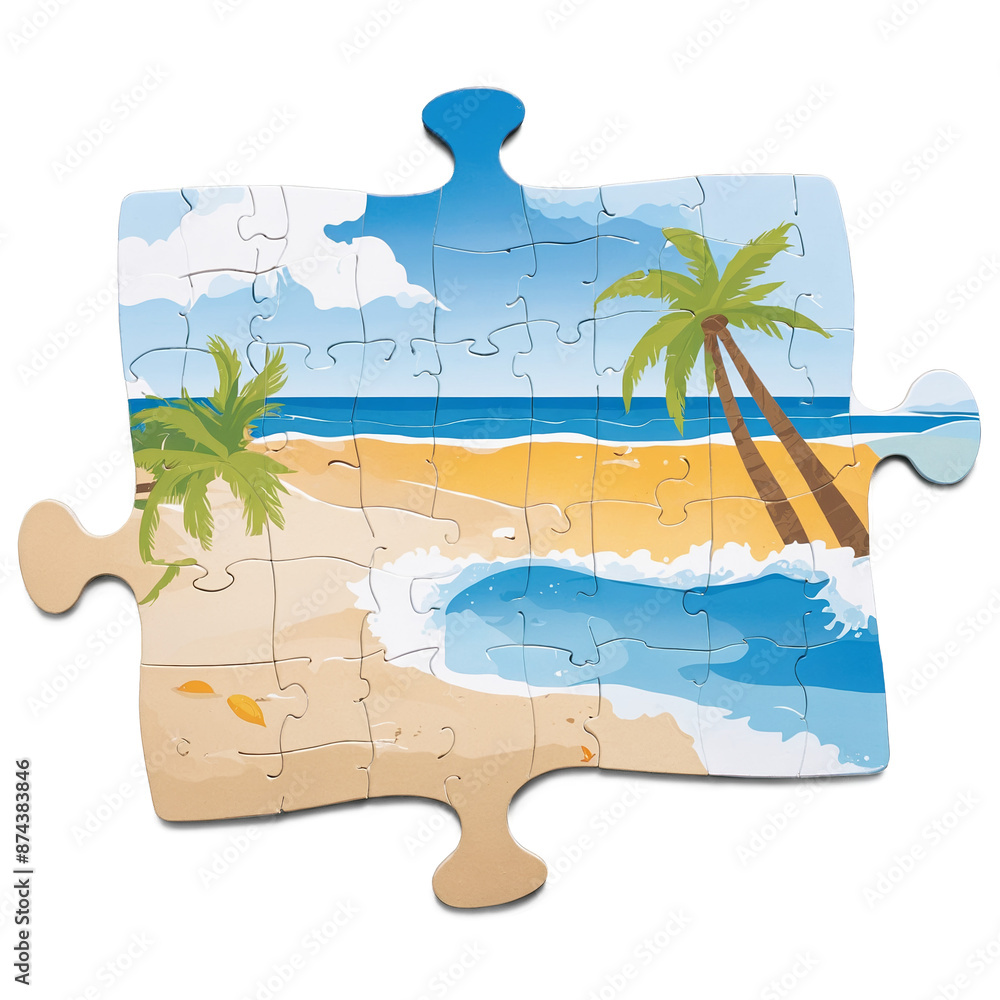 Aufkleber A squareshaped puzzle piece made of cardboard with a printed image of a beach scene on the front. It has interlocking edges and a smooth finish..