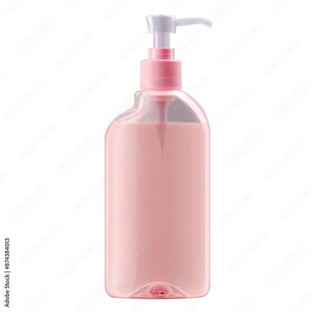 Poster a plastic bottle with a pump dispenser and a clear plastic cap. the bottle is a light pink color and