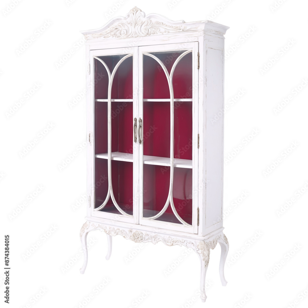 Poster an antique display cabinet with a distressed white finish. the front has two glass doors with ornate