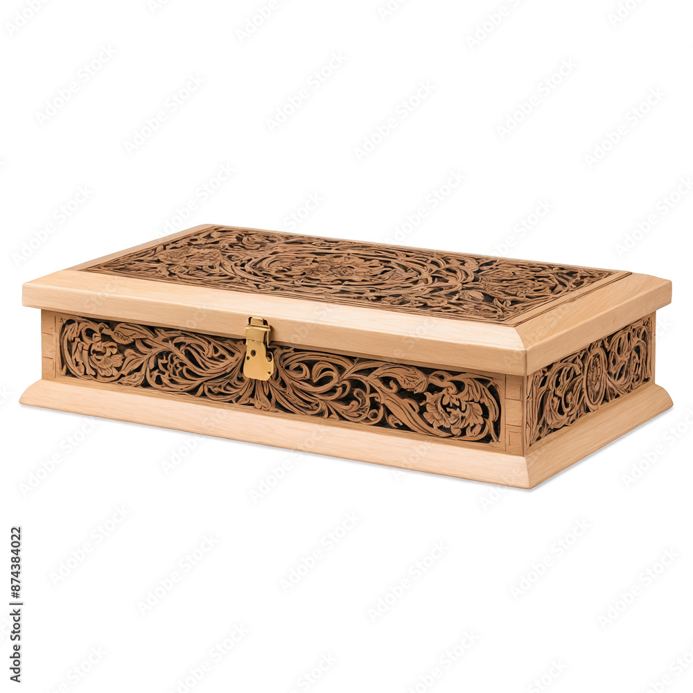 Poster A wooden box with a hinged lid and intricate carvings on the sides..