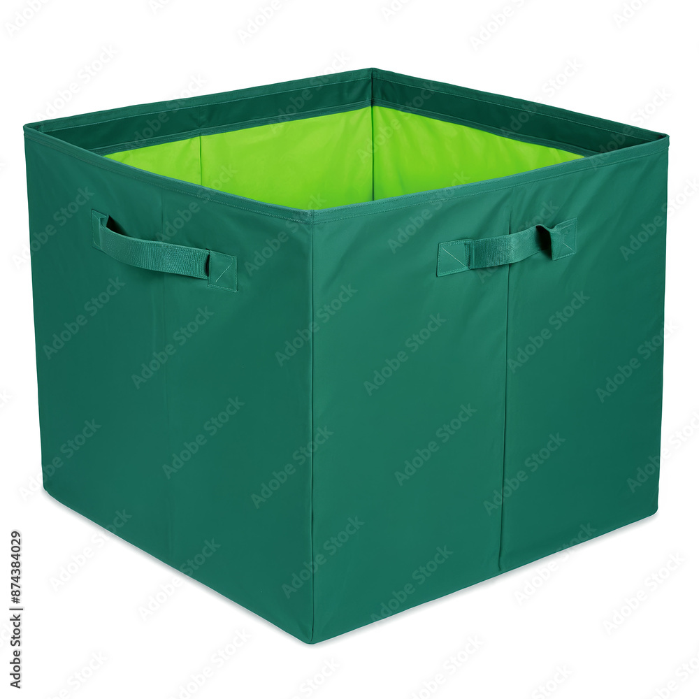 Poster A collapsible fabric storage cube in a vibrant green color great for storing clothes and toys..