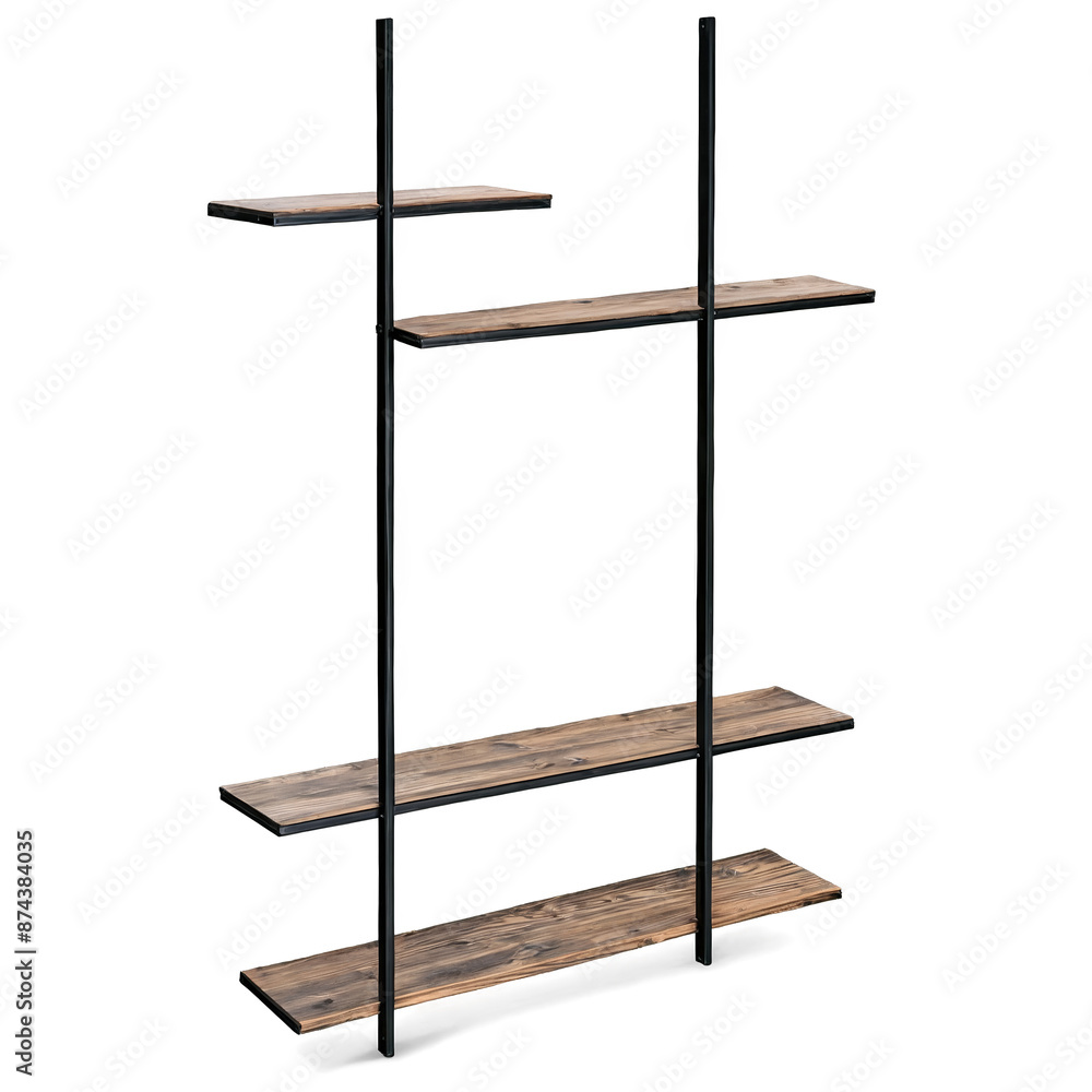Poster A industrialstyle shelf with a black metal frame and wooden planks arranged in a floating pattern..