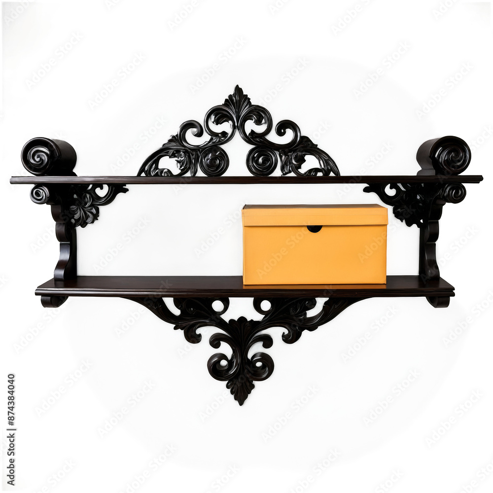 Poster A sy wall shelf constructed with dark richly stained wood and adorned with intricately designed metal scrollwork on the sides. It has four levels of varying lengths for storing.
