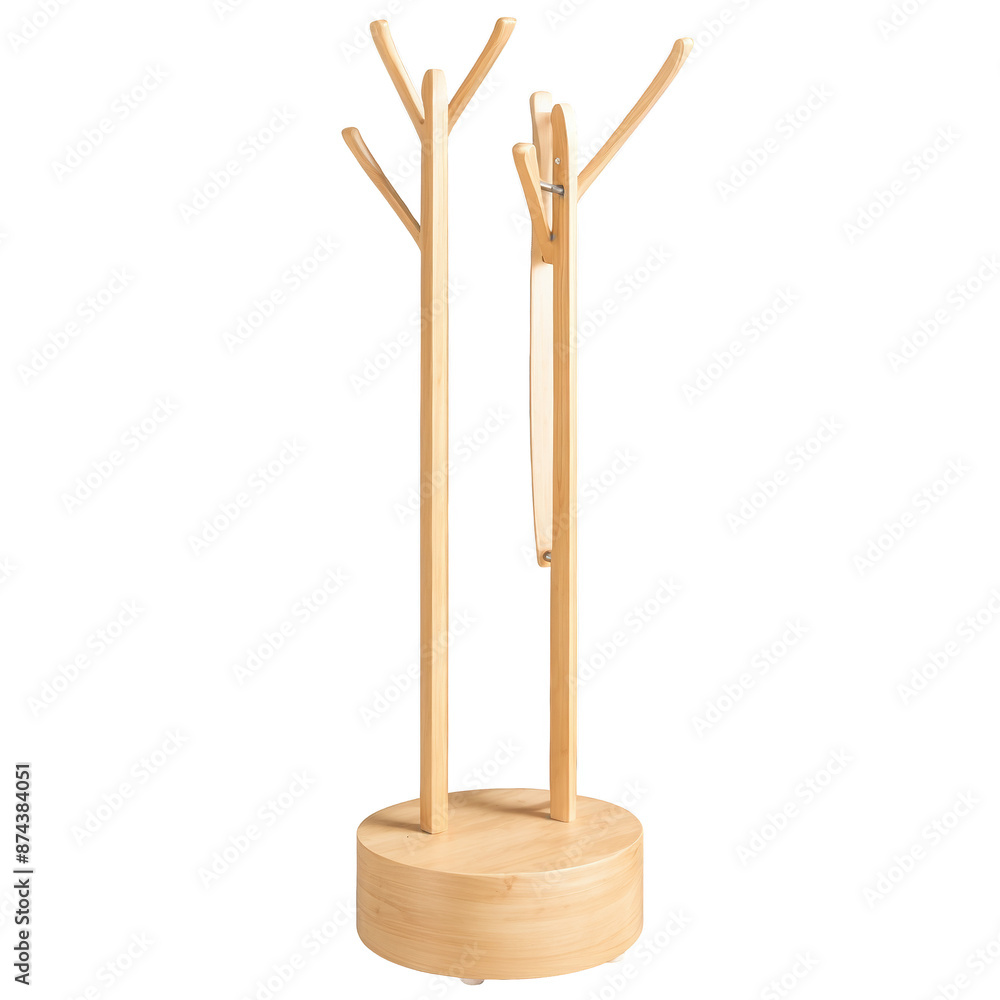 Poster A sleek and modern coat rack made of wood with a sy base and curved hooks..