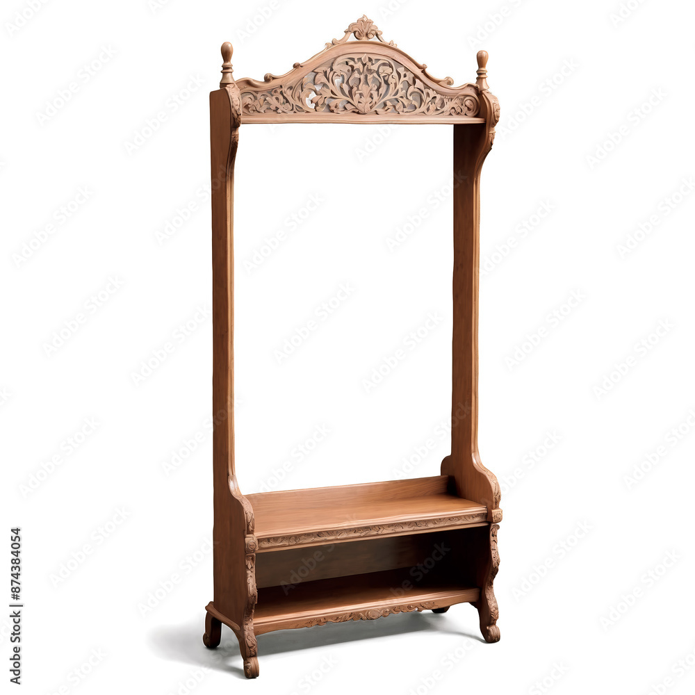 Poster an antique coat rack with intricate designs and carvings featuring a tiered shelf at the top..