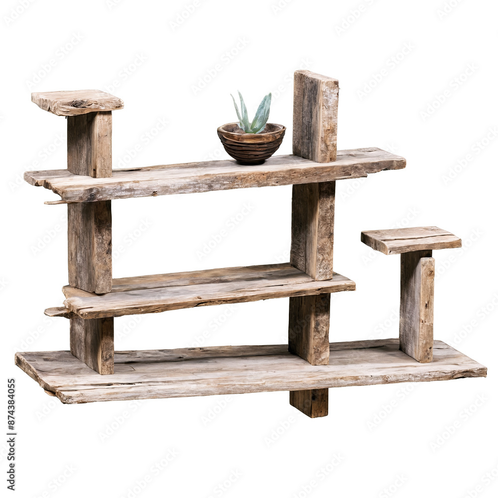 Poster a rustic wall shelf made of reclaimed wood featuring three tiered shelves with jagged edges and visi