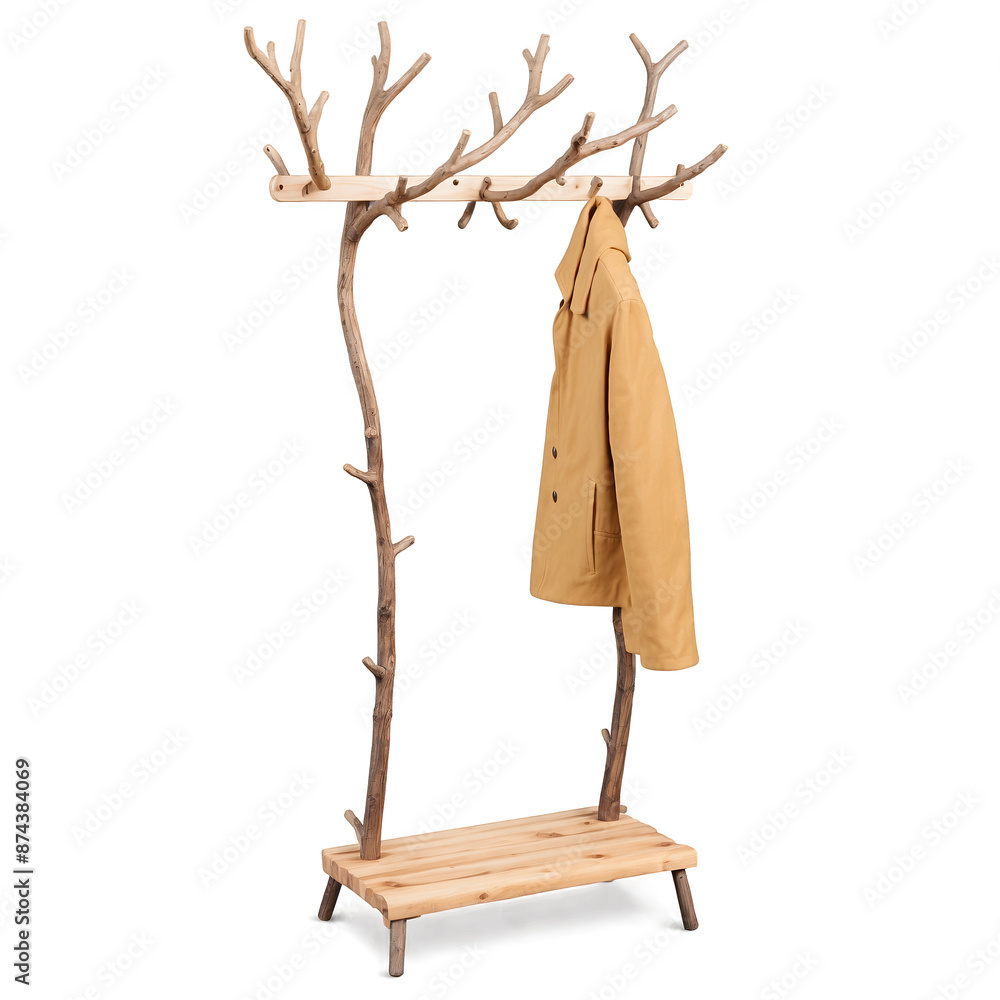 Poster A coat rack resembling tree branches with a rustic and natural look featuring both short and long hooks..