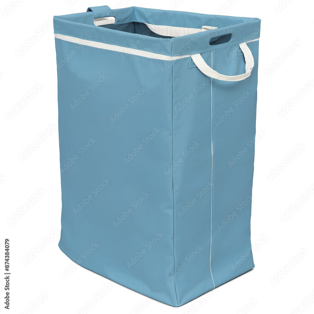 Poster a collapsible laundry hamper in a light blue fabric with two handles for easy carrying. the front ha