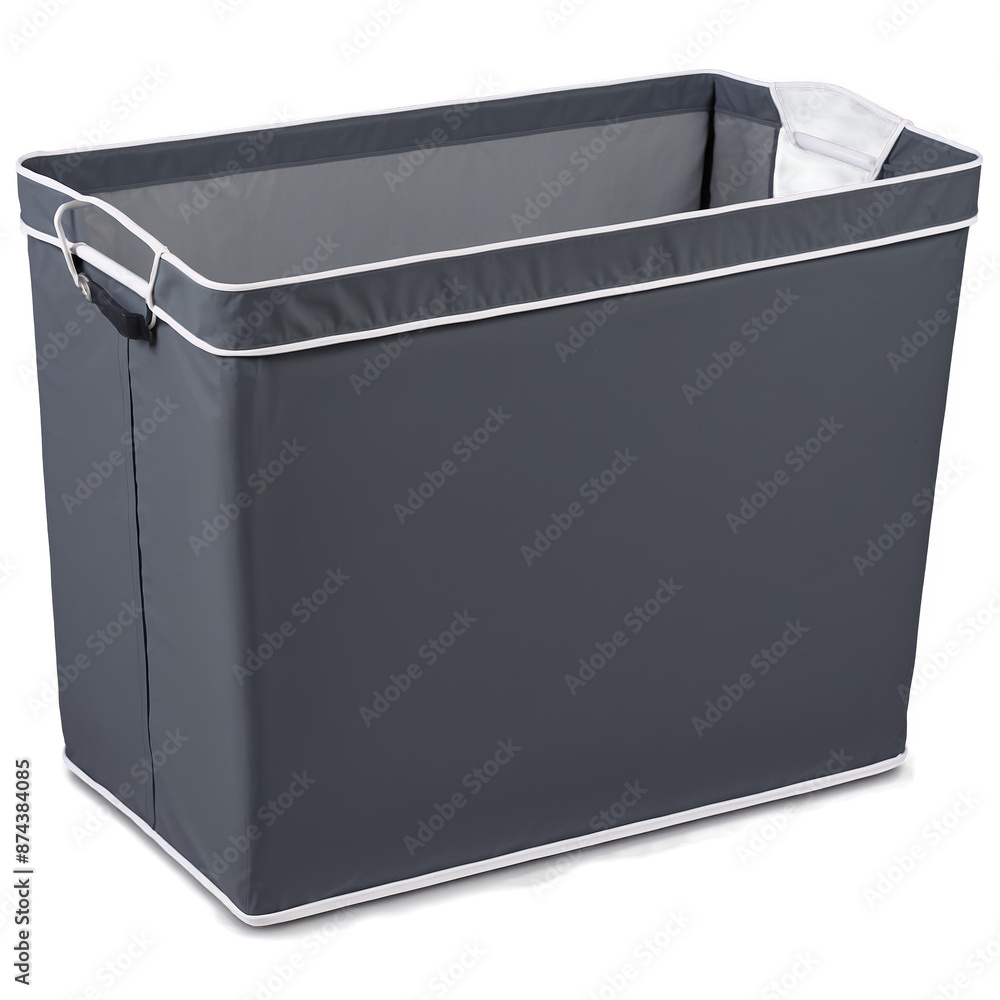 Poster A rectangular laundry hamper in a dark gray color with a mesh lining. It has a lightweight metal frame and two handles for easy transport..