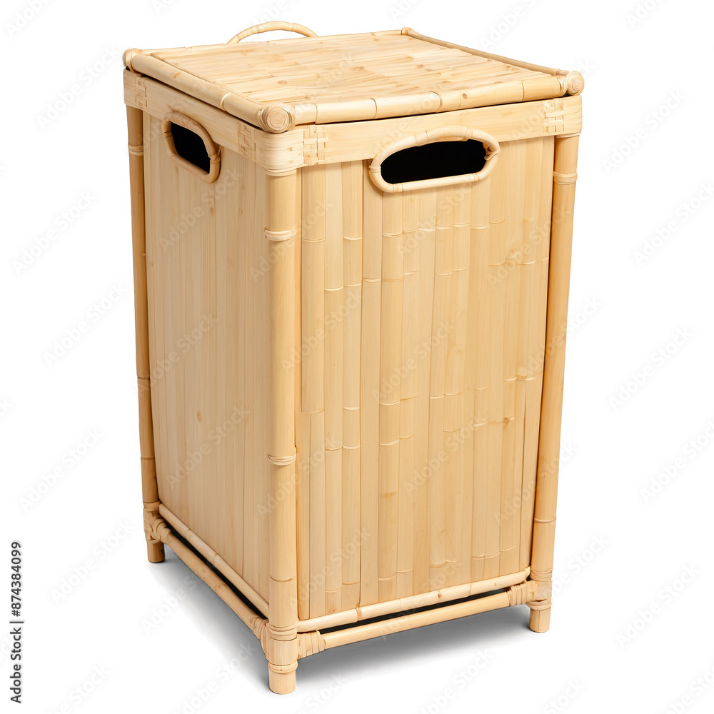 Poster A large square laundry hamper made of bamboo with a natural finish. It features a hinged lid and decorative out handles on the sides..