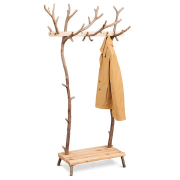 A coat rack resembling tree branches with a rustic and natural look featuring both short and long hooks..