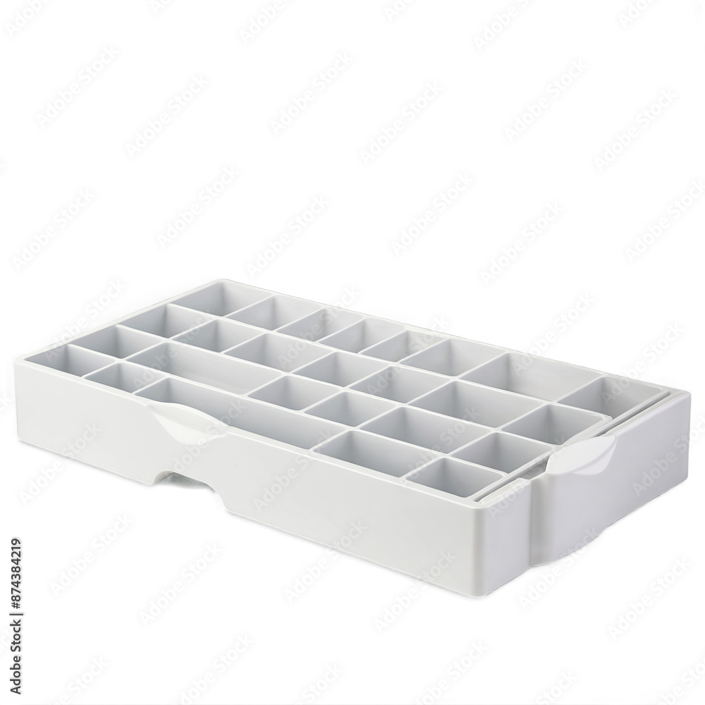Poster This drawer organizer is made of white sy plastic with a glossy finish and has adjustable dividers to customize the size of each compartment..