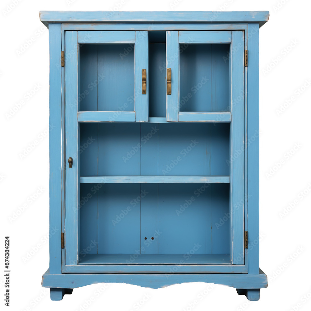 Poster a rustic wall cabinet made of distressed wood with a weathered blue finish. it has two doors with me