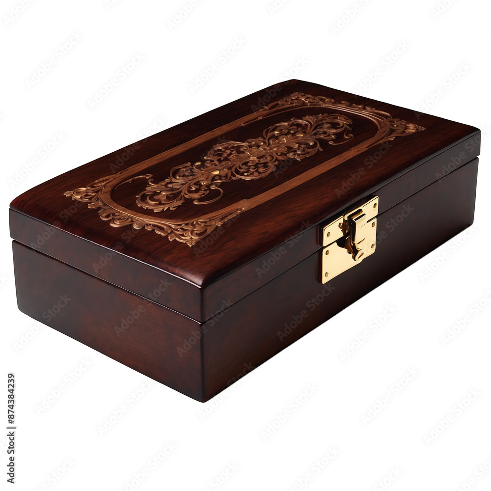 Poster A small rectangular box made of glossy dark wood. It has a hinged lid with a gold latch and delicate carvings on the corners..