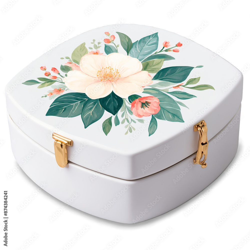 Poster a dainty white jewelry box with a floral pattern painted on its lid. it has a small handle on top fo
