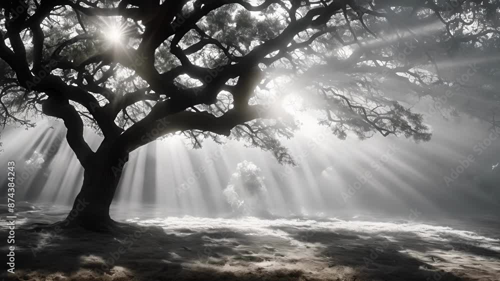 Poster sunlight filters through the twisted branches of a tree creating intricate patterns on the ground. b
